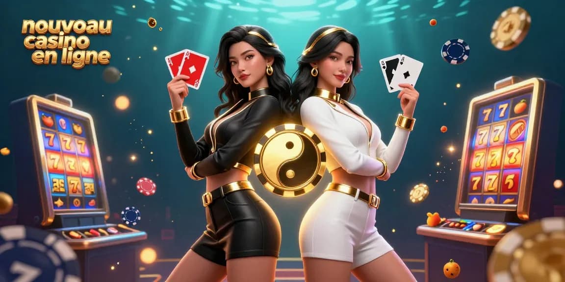 Découvrez le dernier nouveau casino en ligne avec deux femmes asiatiques tenant des cartes à jouer au milieu d'éléments dynamiques de machines à sous.