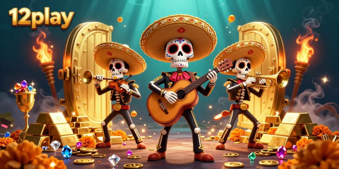 Engage with 12play's vibrant casino scene featuring a mariachi band and treasure.