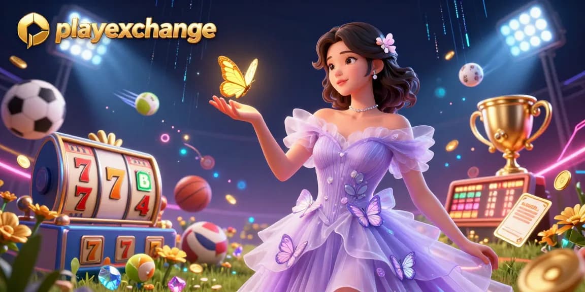 Engage with playexchange in this vibrant digital illustration showcasing a stunning Asian woman amidst casino elements and sports betting excitement.