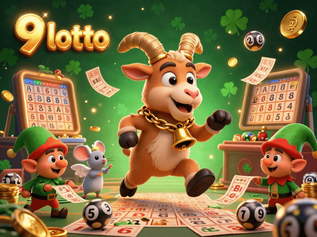 Engage in the exciting world of 9 lotto with dynamic characters and vibrant lottery elements in a festive casino.
