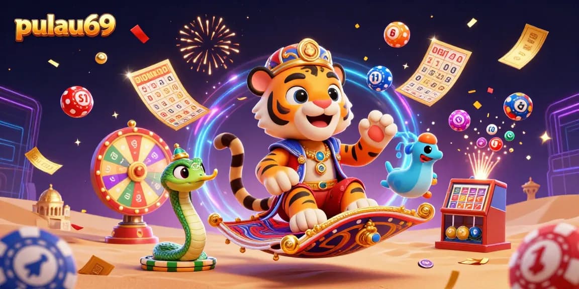Pulau69 brings thrilling online slot action with a vibrant casino scene featuring dynamic game elements.