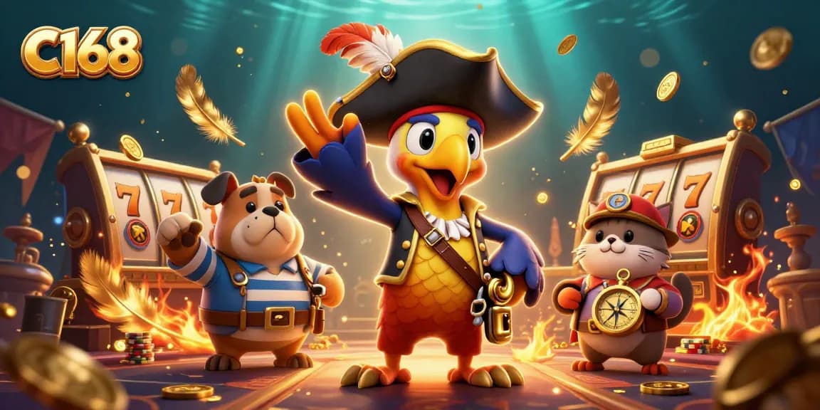 C168 showcases a thrilling scene with a pirate captain and friends amid slot machines and gold coins