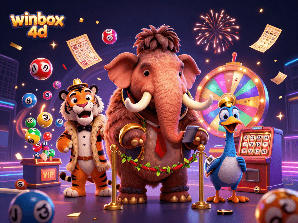 Enjoy thrilling winbox 4d gaming with a vibrant scene of cartoon characters and lottery elements.