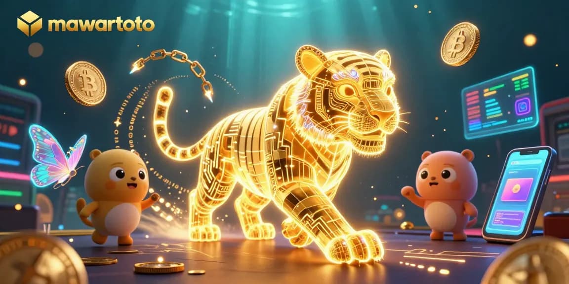 Engage with mawartoto's vibrant digital casino, featuring a golden tiger and crypto elements.