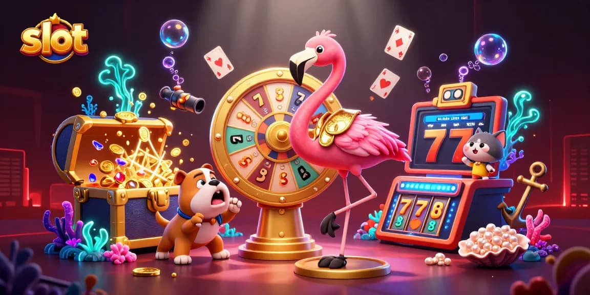 Permainan slot dengan flamingo dan bulldog dalam suasana kasino yang meriah.
