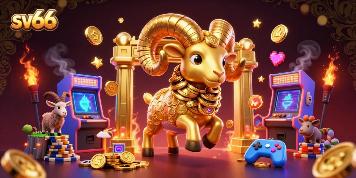 Engage in thrilling gameplay at sv66 with vibrant 3D illustrations of golden ram and gaming elements.