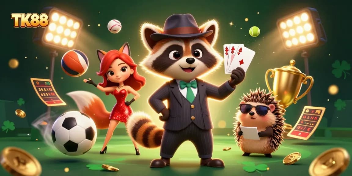 Experience excitement with TK88 gaming characters celebrating a royal flush at a vibrant casino scene.