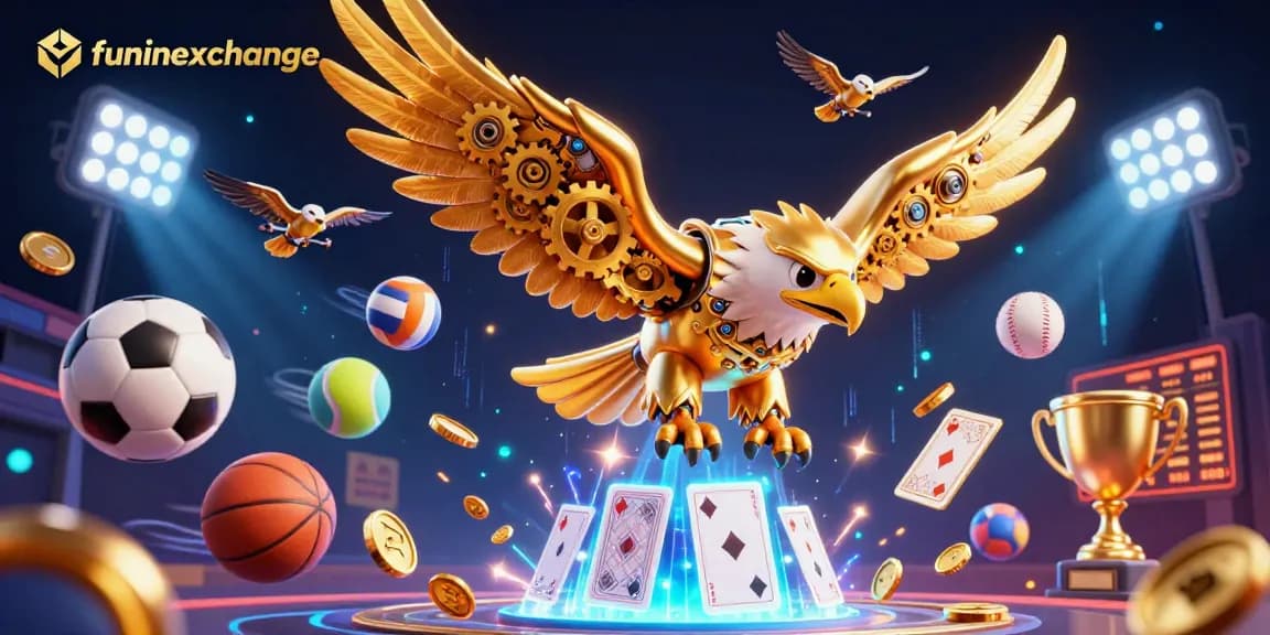 Engage with funinexchange as a cybernetic eagle soars amidst colorful sports elements, highlighting dynamic betting action.