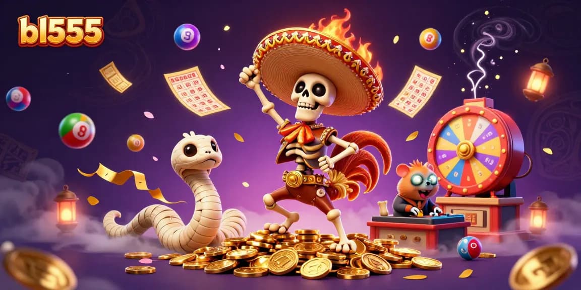 Celebrate wins at BL555 with vibrant 3D casino characters amidst lottery balls and dynamic gaming action.