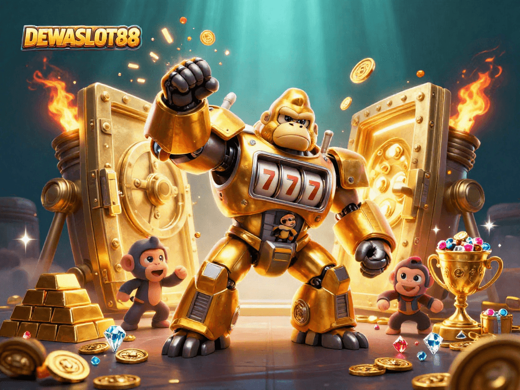 Spin to win with DEWASLOT88, featuring a golden gorilla mech and dazzling treasures.