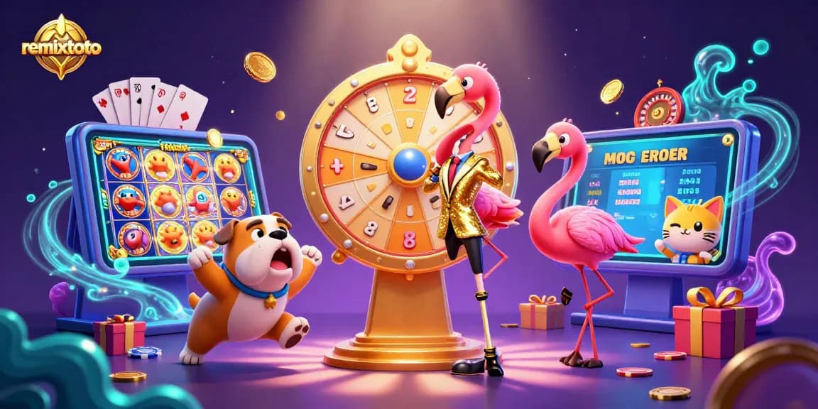 Engage with remixtoto action, spinning the prize wheel in a vibrant 3D cartoon illustration.
