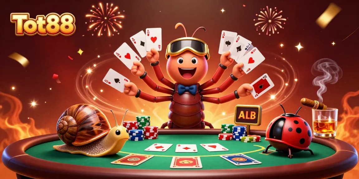 Engage with Tot88 at a vibrant casino scene featuring a millipede dealer and a snail high-roller.