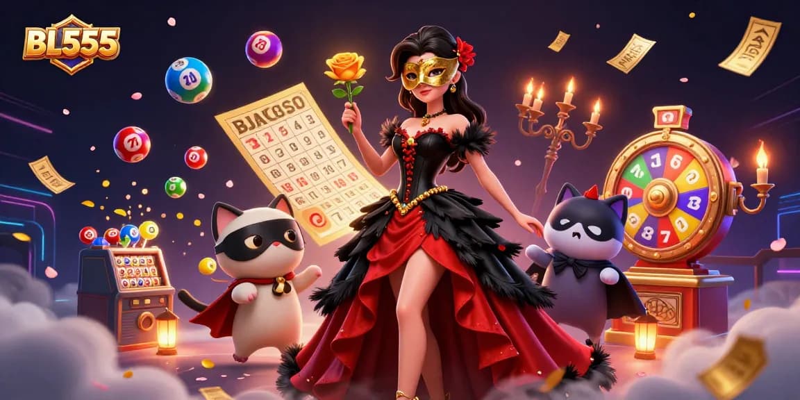 Engage in thrilling gameplay with BL555, featuring a glamorous scene of lottery excitement and vibrant gaming elements.