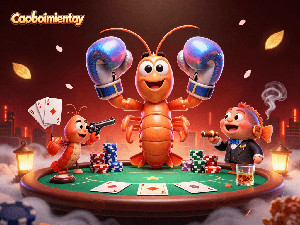 Engage in thrilling poker action at caoboimientay with the intense mantis shrimp showdown surrounded by colorful chips and cards.