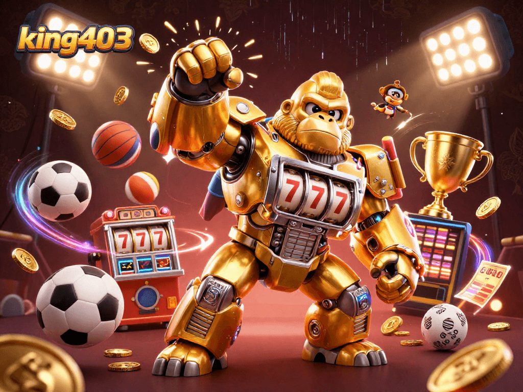 Experience king403 gaming energy with a dynamic 3D gorilla-mech and sports elements.