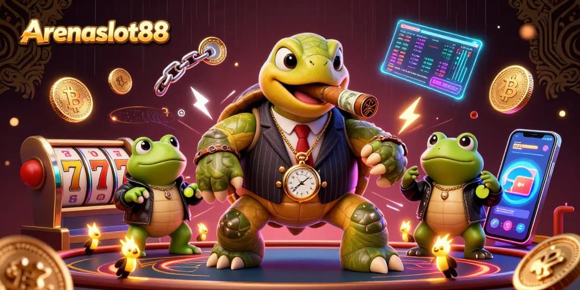 Arenaslot88 menampilkan karakter penyu besar dalam jas bergaris pinstripe dan dua pengawal katak, dikelilingi elemen kasino bertema.