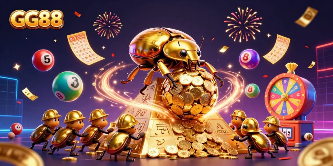 Join the adventure with GG88 as a golden beetle rolls coins, celebrating casino wins with vibrant lottery balls.