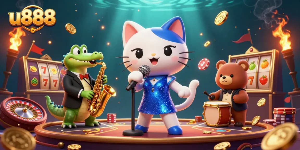 u888's lively casino scene featuring animated characters and vibrant gaming elements, emphasizing immersive gambling action.