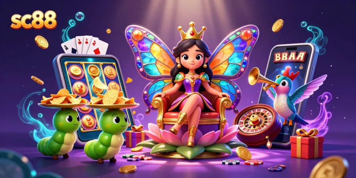 Experience the vibrant world of gambling with sc88's butterfly queen in a colorful casino setting.