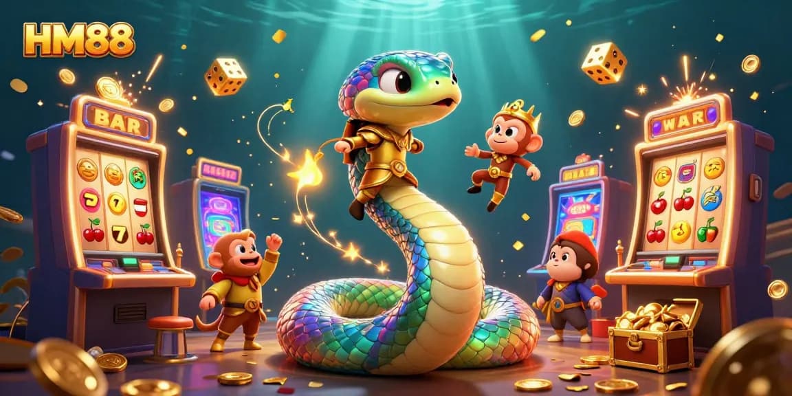 Experience thrilling gameplay with HM88's vibrant casino scene that features dazzling jackpot slots and animated characters.