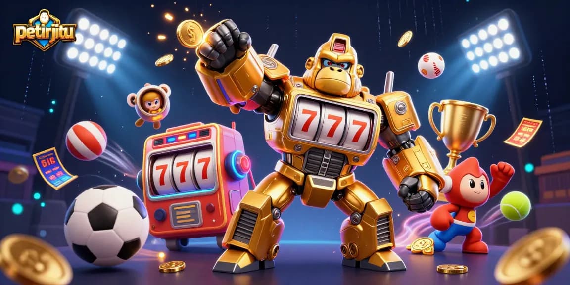 Petirjitu menyajikan ilustrasi kasino 3D dengan gorila emas mecha dan elemen permainan yang dinamis.