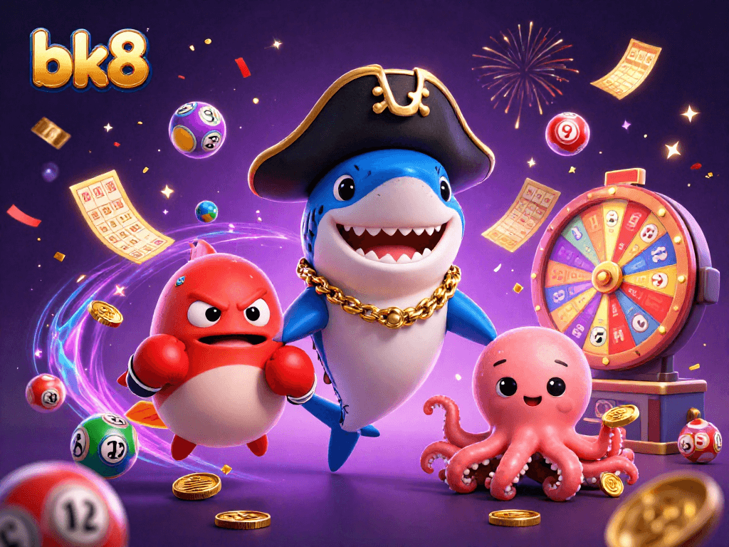 Join the excitement at bk8 with a colorful casino illustration showcasing lucky characters and fun elements!