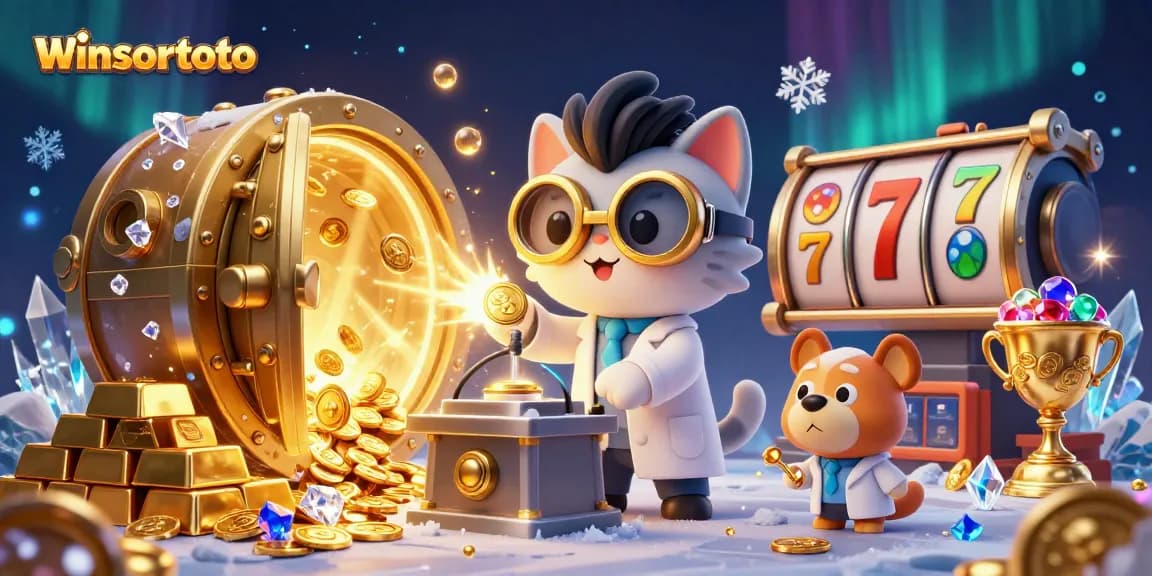 Winsortoto showcases excitement with mad scientist cat and slot reels creating gold coins
