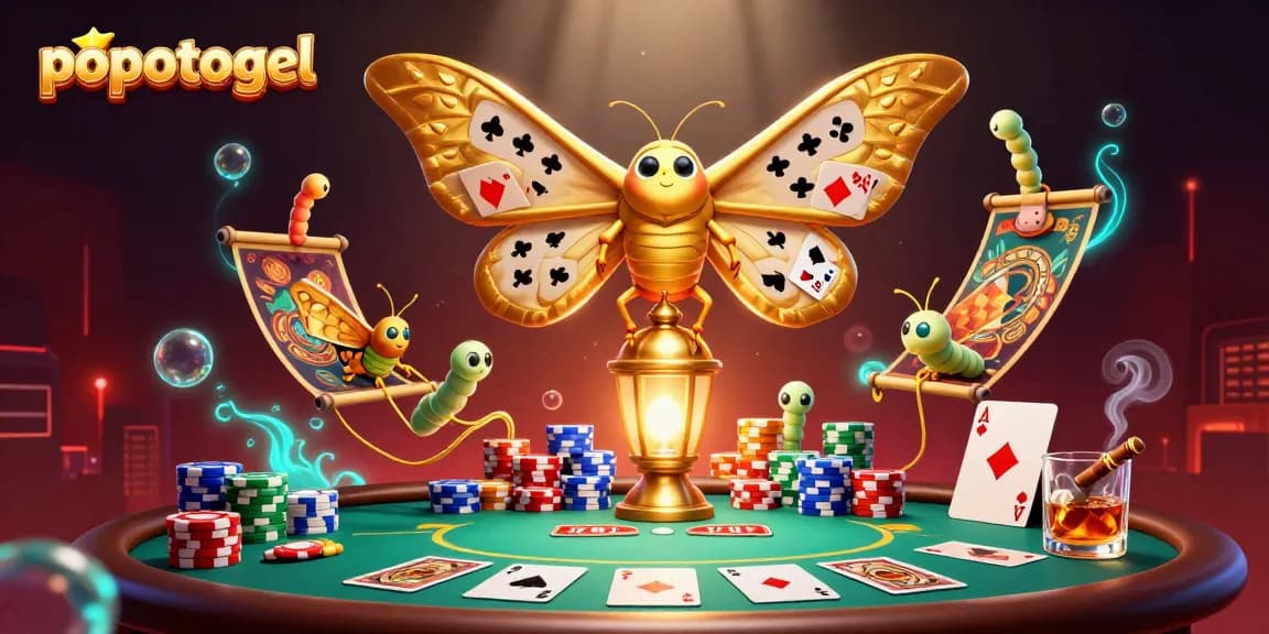 Engage with popotogel in an exclusive 3D casino scene featuring a cartoon atlas moth and vibrant gaming elements.