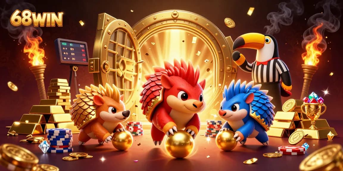 68WIN pangolins in a vibrant casino showdown, rolling through poker chips with dazzling golden treasure.