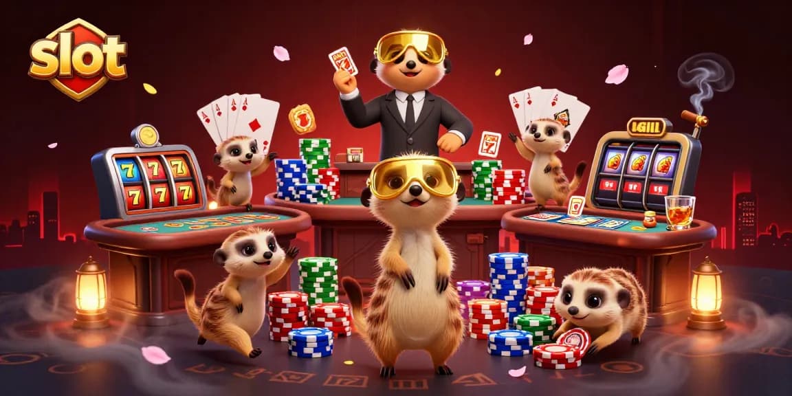 Experience thrilling slot action with MeerKats playing casino games and running operations.