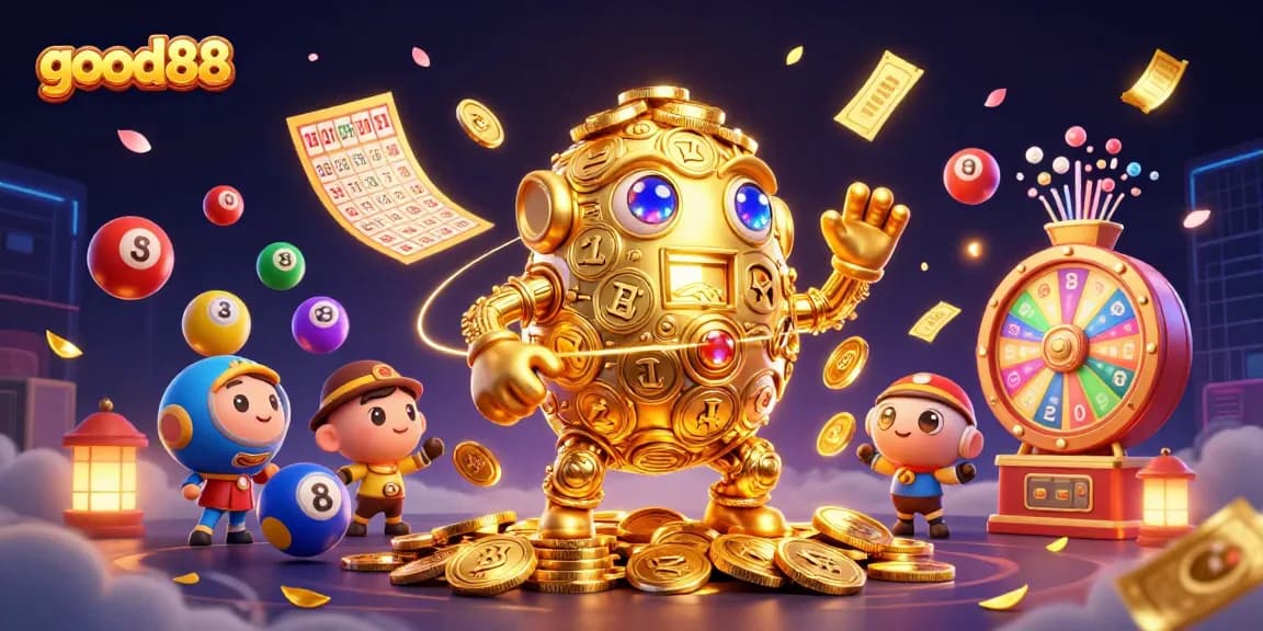 Engage with good88’s exhilarating gaming adventure featuring a vibrant 3D scene of a golden golem and dynamic lottery elements.