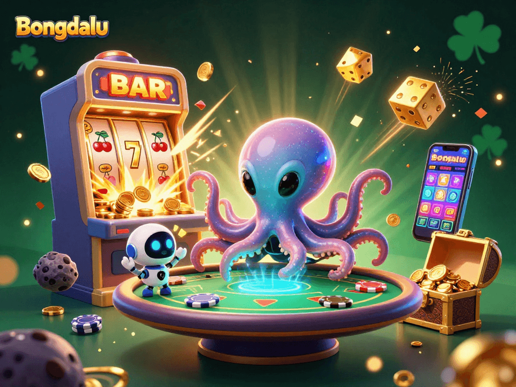 Bongdalu offers an entertaining scene with a cartoon alien octopus and poker elements, showcasing an exciting casino atmosphere.