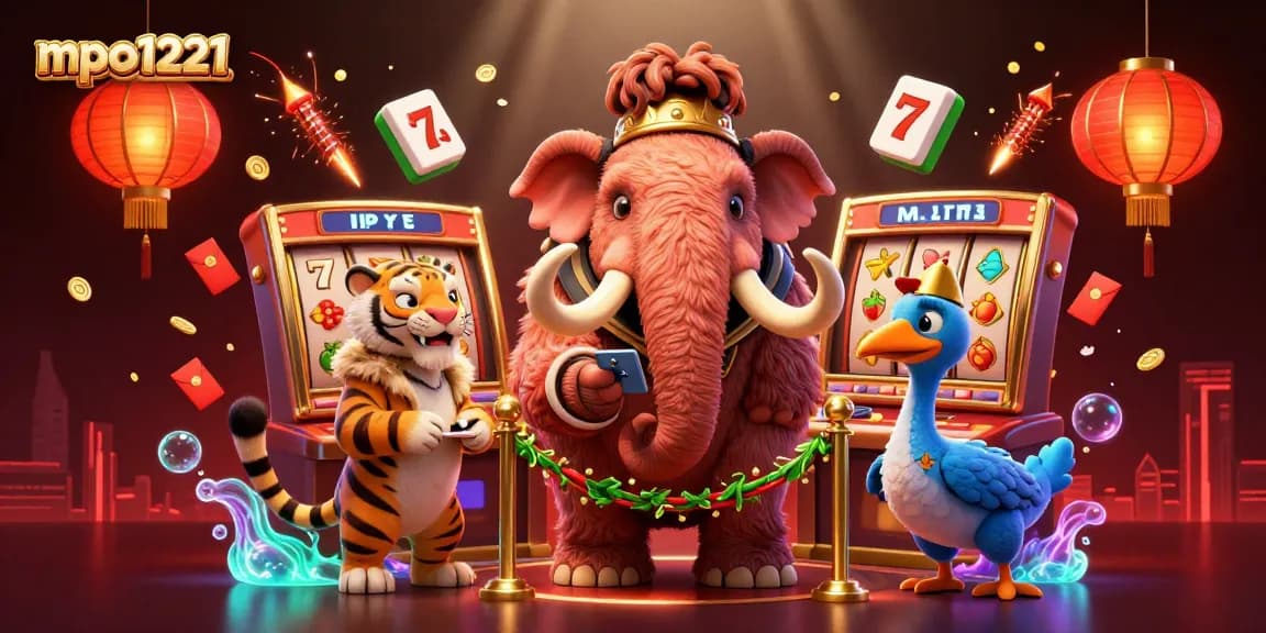 mpo1221 mengundang pemain dengan bouncer mamut berbulu dan tamu VIP, menampilkan permainan slot yang berwarna-warni.
