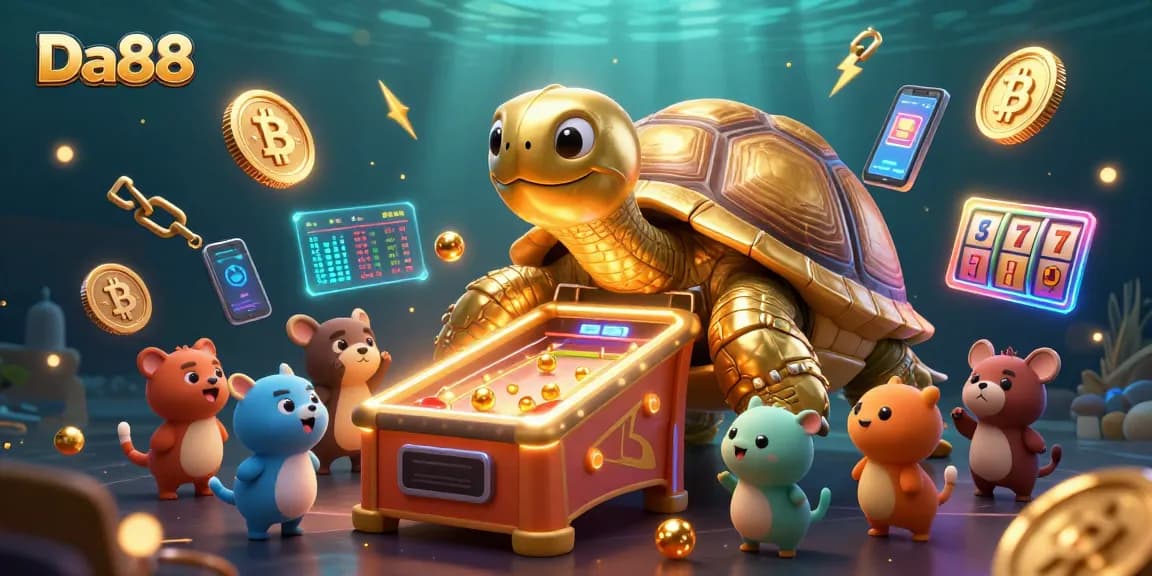 Engage with Da88, a vivid illustration featuring a colossal tortoise pinball machine amidst gaming excitement.