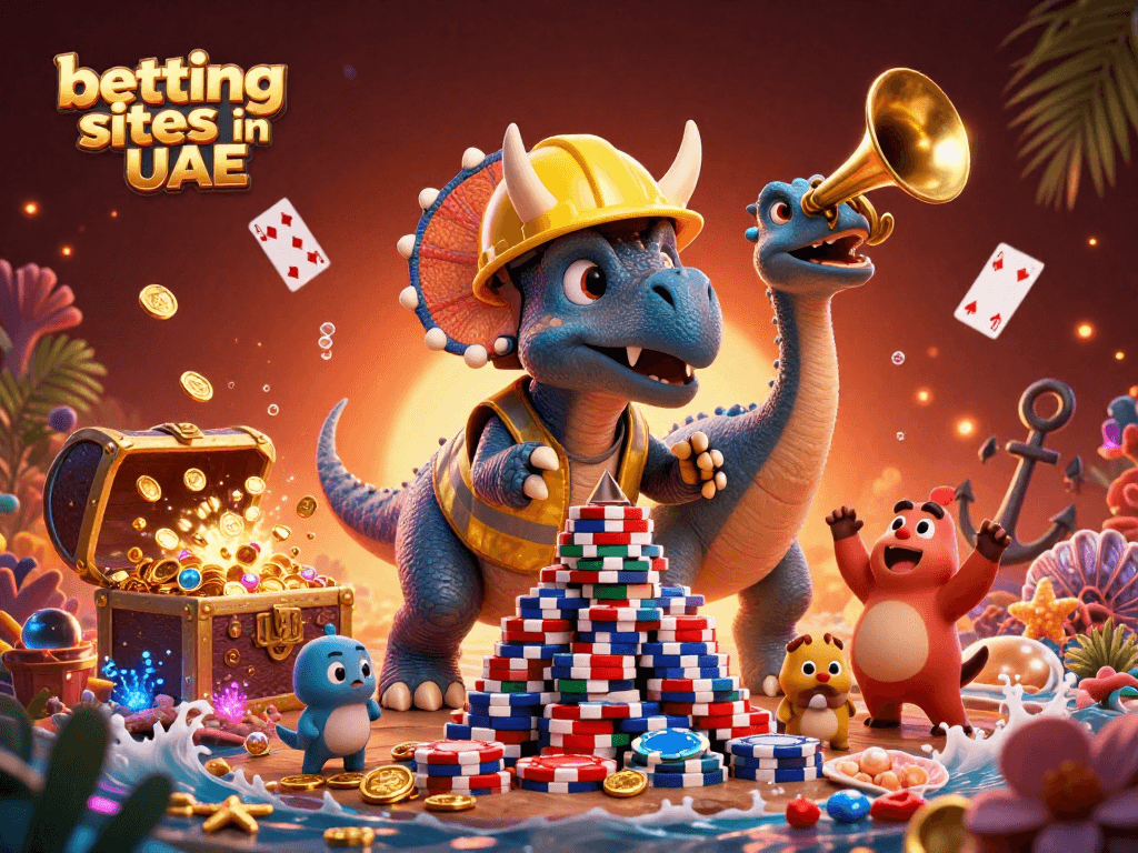 Cheerful triceratops and friends celebrate the best betting sites in UAE with poker chips and treasures.