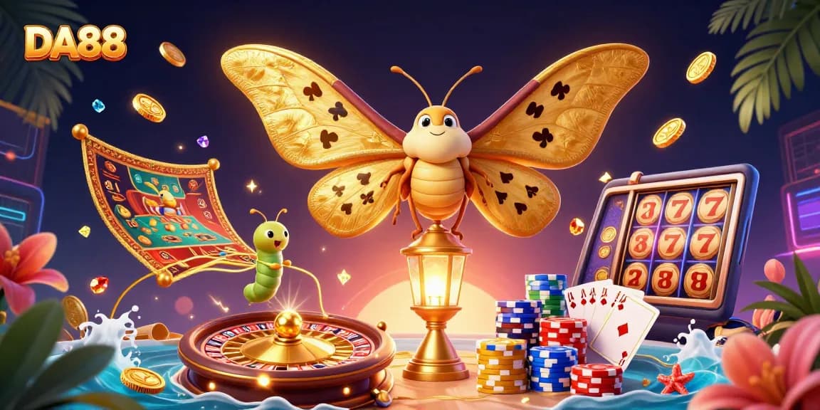 Experience the thrill of DA88 gameplay with vibrant casino scenes illuminated by golden elements.