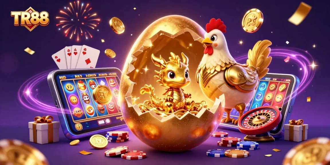 TR88 delights with a golden baby dragon emerging from a cracking egg among poker chips, symbolizing fortune.