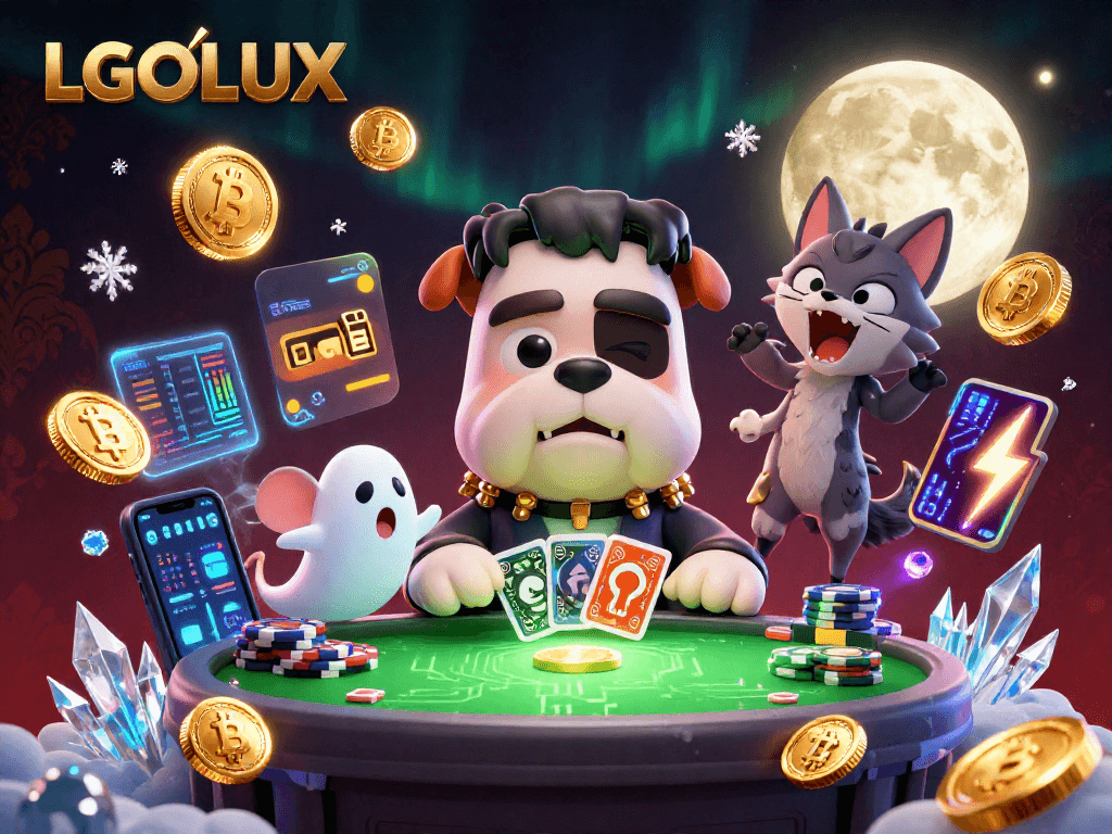 Deal cards with LGOLUX at a haunted casino table featuring a Frankenstein bulldog, ghost mouse, and werewolf kitten.