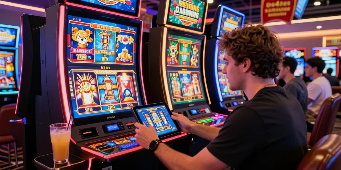 Vibrant online gaming scene at jumpspace.org.uk showcasing excited player with tablet in colorful casino environment.