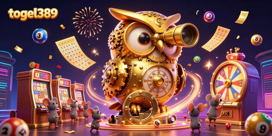 Experience the thrill of togel389 with a golden owl and lottery elements in a vibrant casino setting.