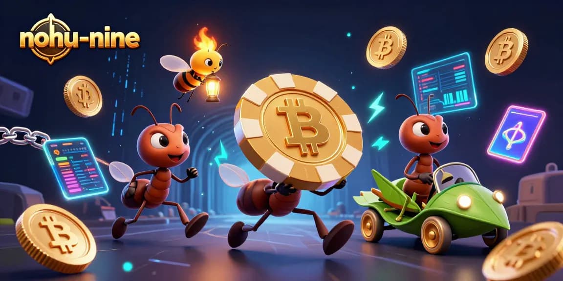 Join the thrilling heist with nohu-nine as ants carry a golden poker chip in a vibrant casino setting.