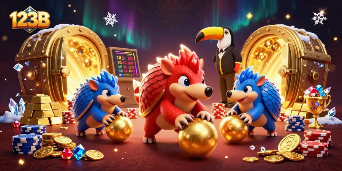 Engage in exhilarating gameplay at 123B as rival pangolins enjoy a lively casino atmosphere.