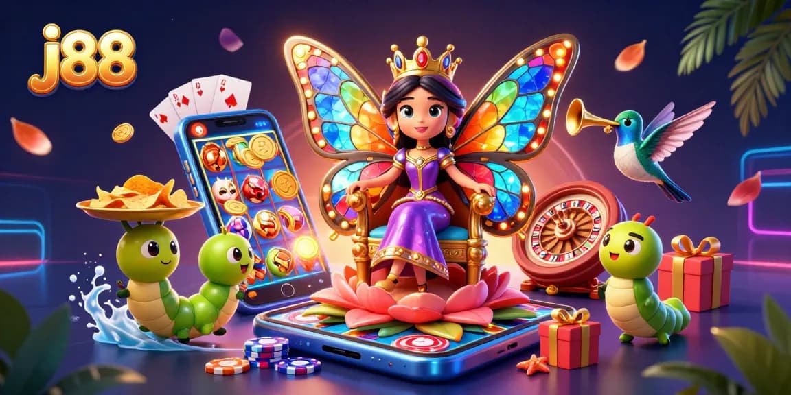 Engage with j88's vibrant gaming scene featuring a whimsical butterfly queen ruling the casino kingdom.