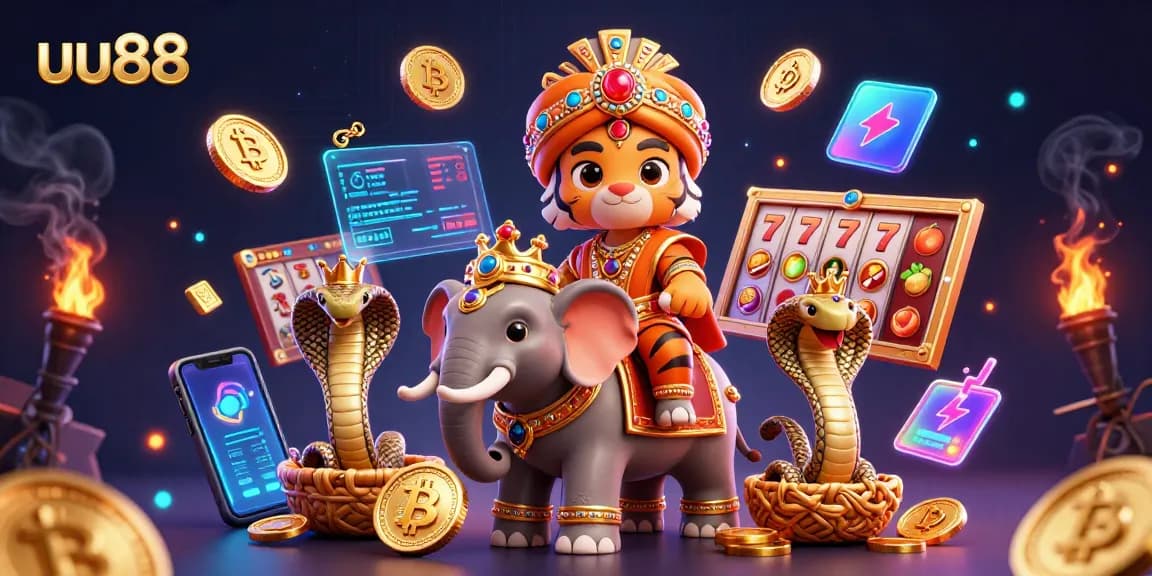 Play exciting slots with uu88 featuring a tiger and elephant in a vibrant casino scene.