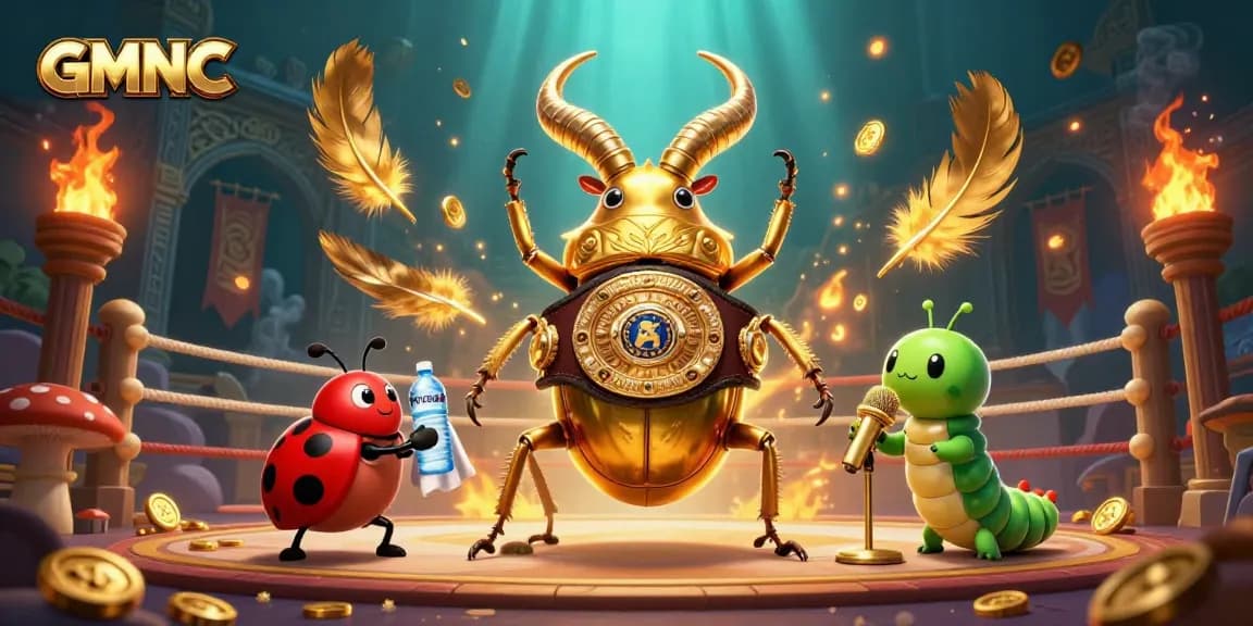 GMNC's giant stag beetle champion stands in a vibrant casino arena surrounded by betting tokens and golden décor.