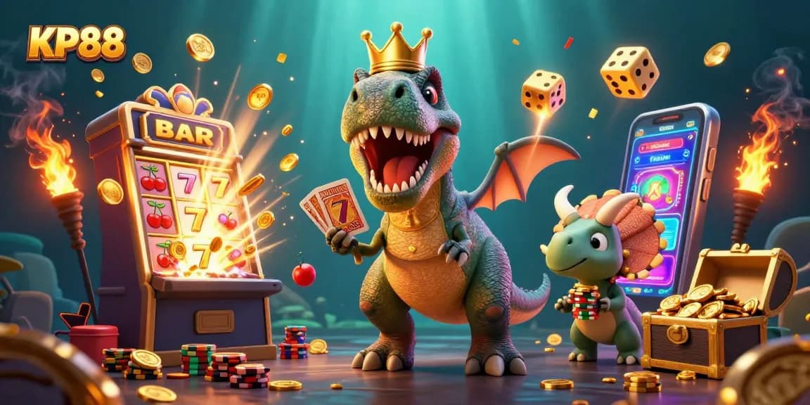 Experience the excitement of KP88 with a lively scene featuring a T-Rex, pterodactyl, and triceratops in a vibrant casino.
