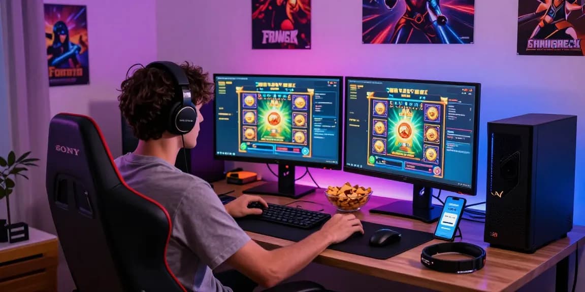 Exciting gaming setup showcasing deposit pulsa tanpa potongan features with vibrant slot games and modern equipment.