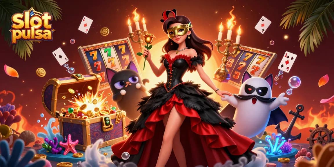 Engaging scene of a stunning woman representing slot pulsa with casino elements, surrounded by jewels and floating cards.
