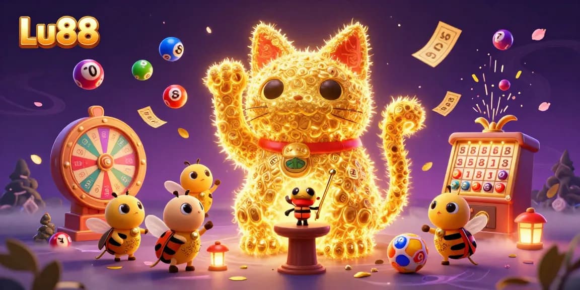 Lu88 engages players with a colorful 3D illustration of a lucky cat and dynamic casino symbols.