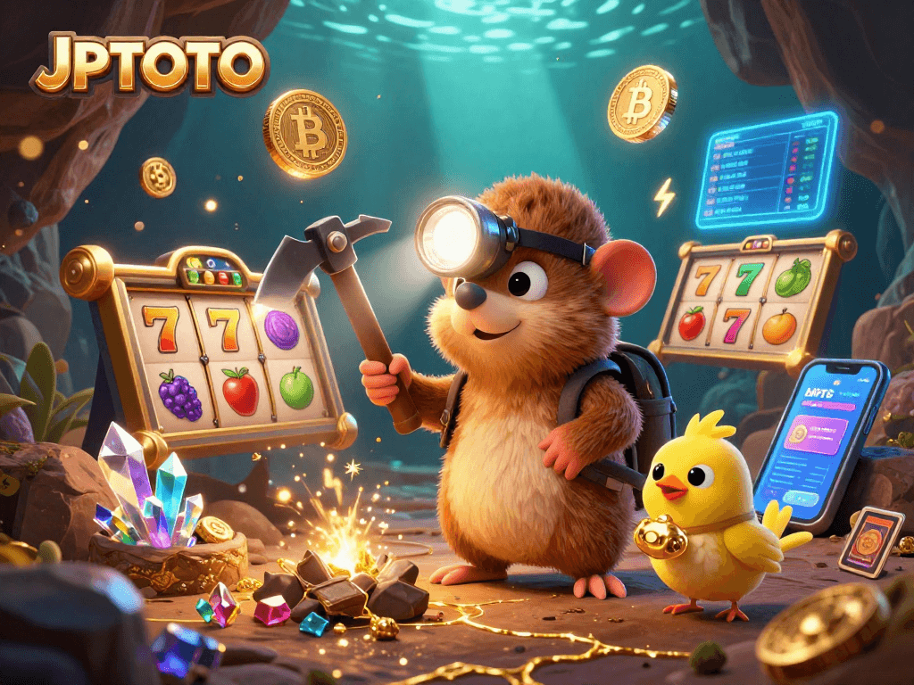 Spin the reels at JPTOTO to win big with vibrant slots and golden treasures in a dynamic 3D illustration.